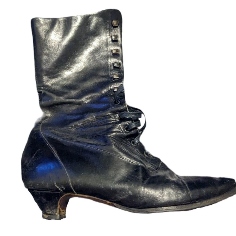 Antique, vintage black boots - Size 38 - Lace up pointed toe calf boots